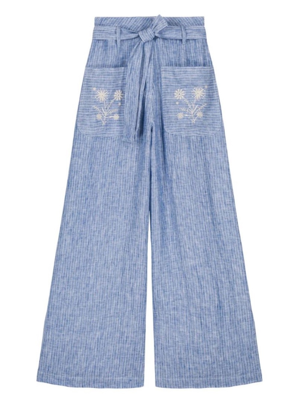 NEW Louise Misha Women’s 100% Linen Striped Embroidered Trousers Size 38 4/6 US